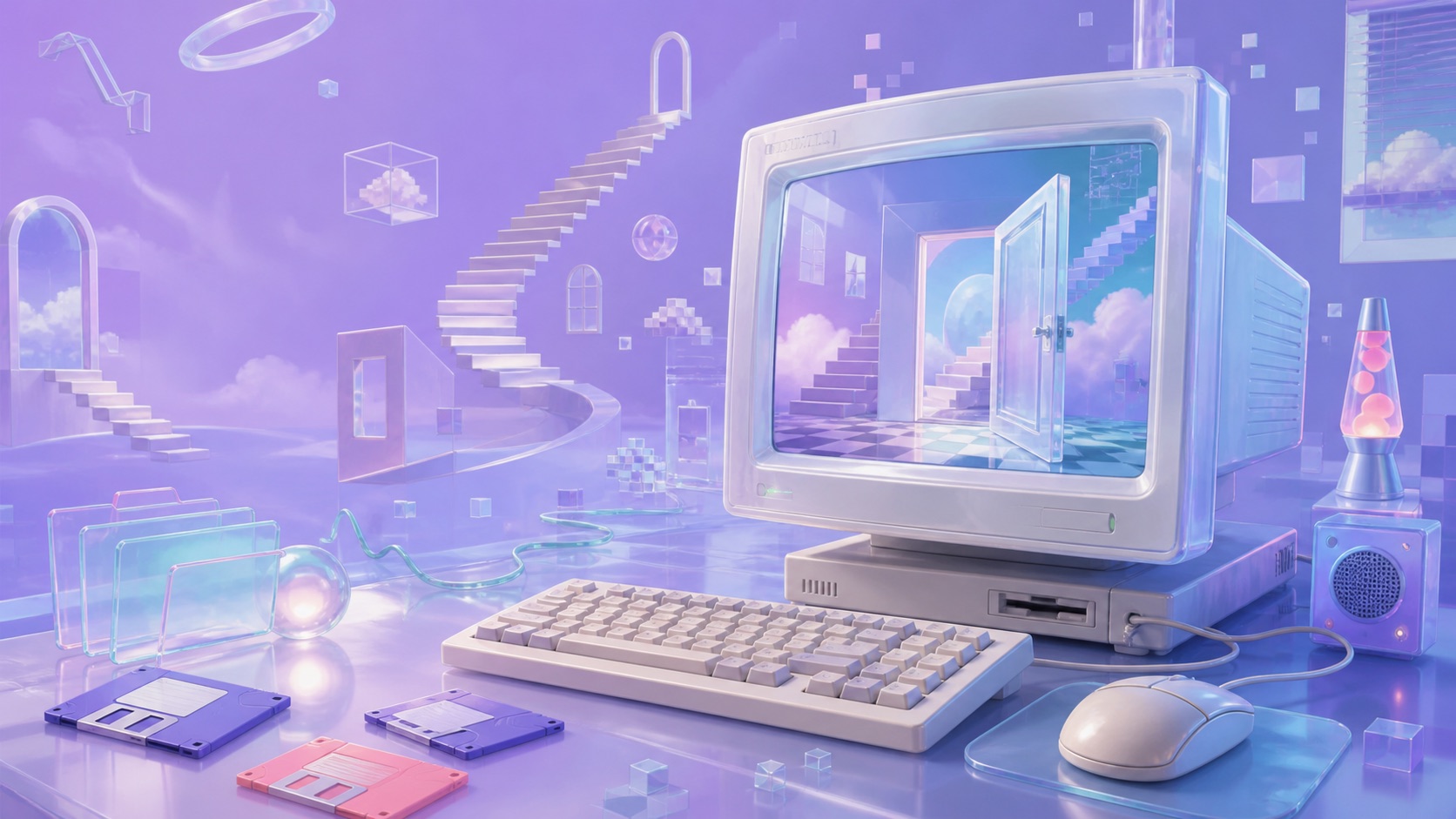 A surreal lavender computer room with an impossible doorway