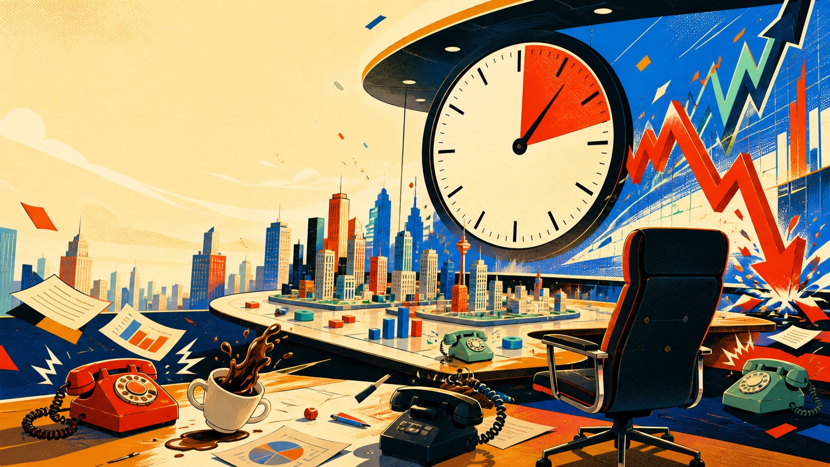 Colorful executive boardroom in chaos